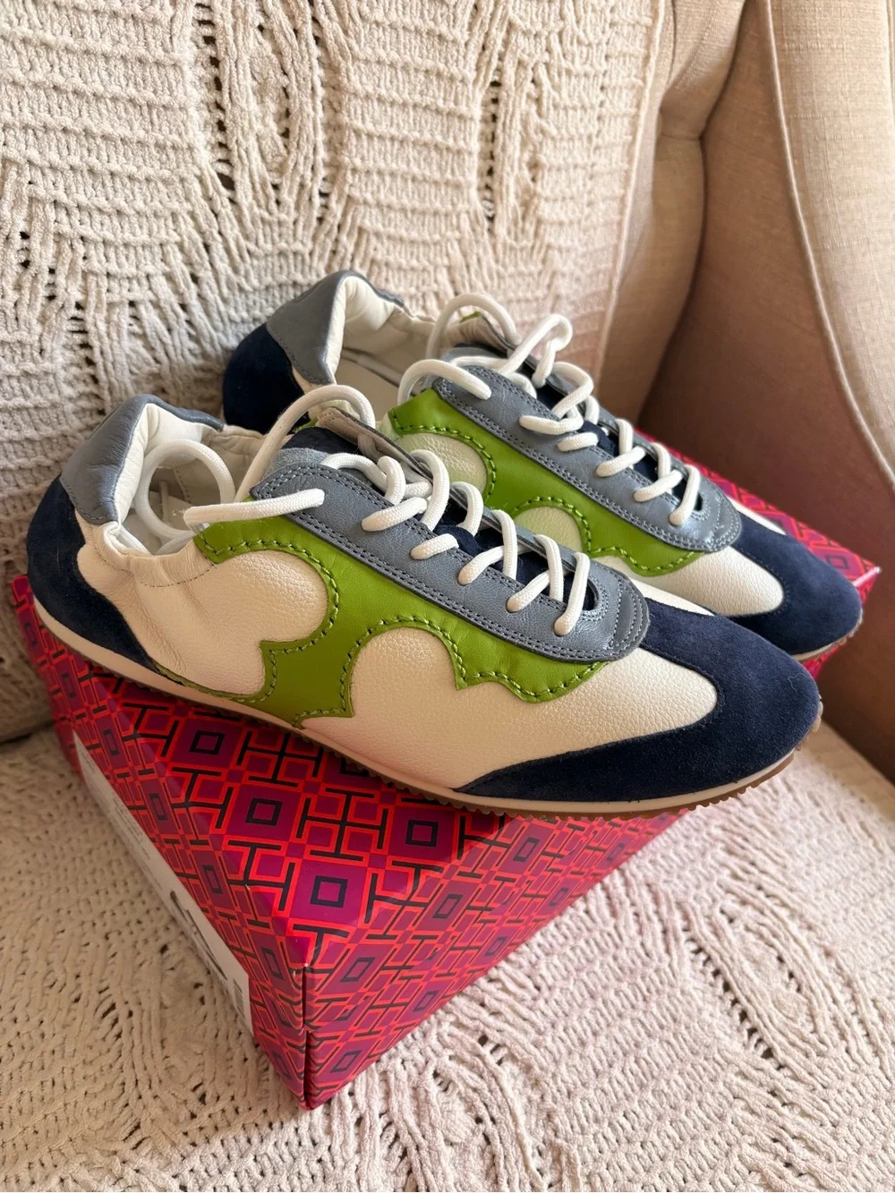 Tory Burch Navy, White & Green Leather Sneakers